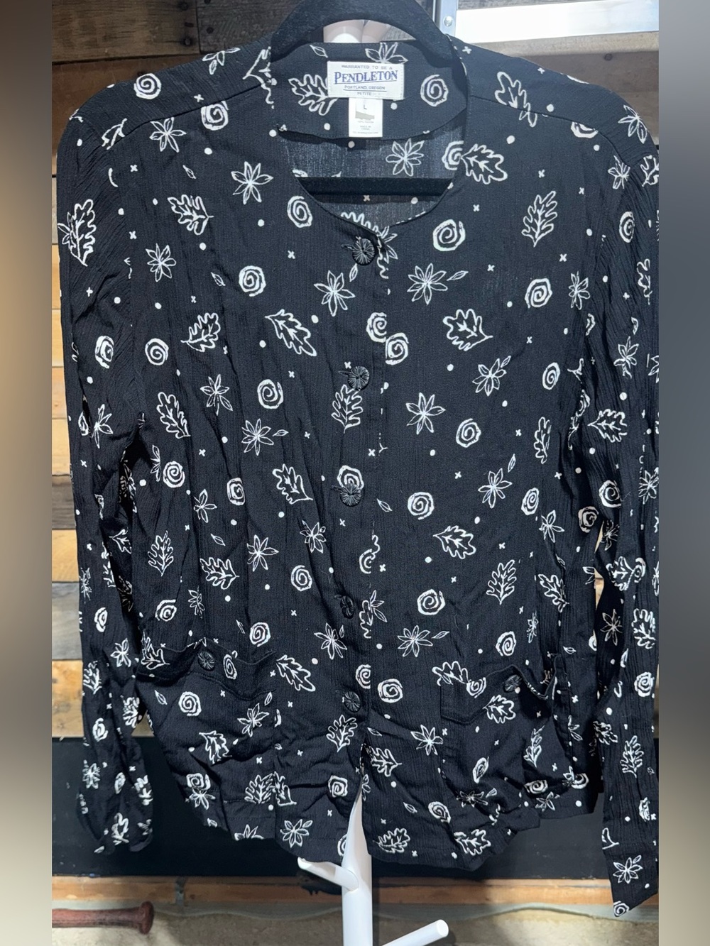 Pendleton Black Button-Down Shirt with White Floral Print